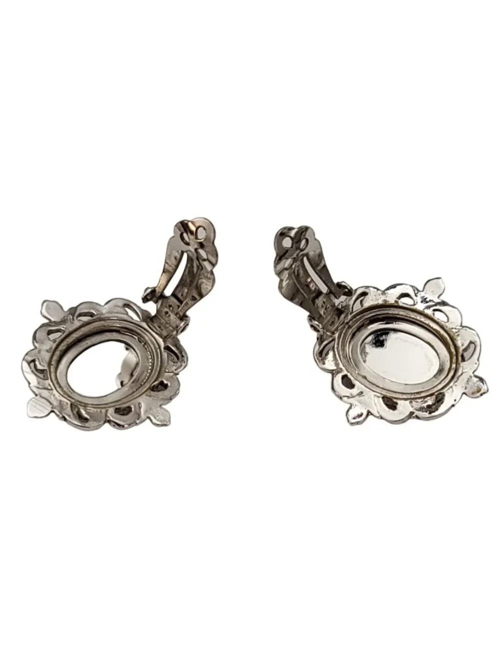 Whiting & Davis Co. Silver Tone Glass Cab Clip-On Earrings, Signed K178
